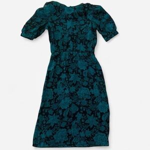 Retro 80s sheer teal/emerald and black floral dress